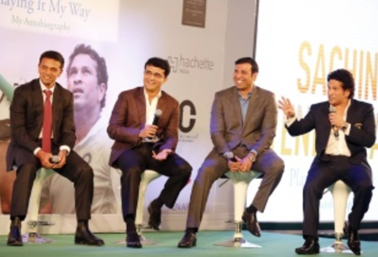 Rahul Dravid, Sourav Ganguly and VVS Laxman at the launch of Sachin Tendulkar's autobiography in Mumbai