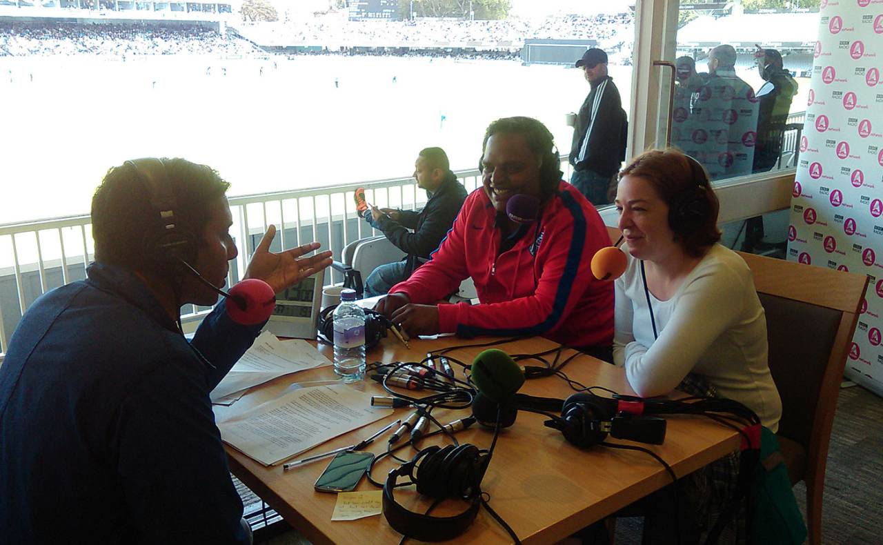 Subash Jayaraman and wife Kathleen Galligan are interviewed on the BBC Asian Network, Lord's August 22, 2014