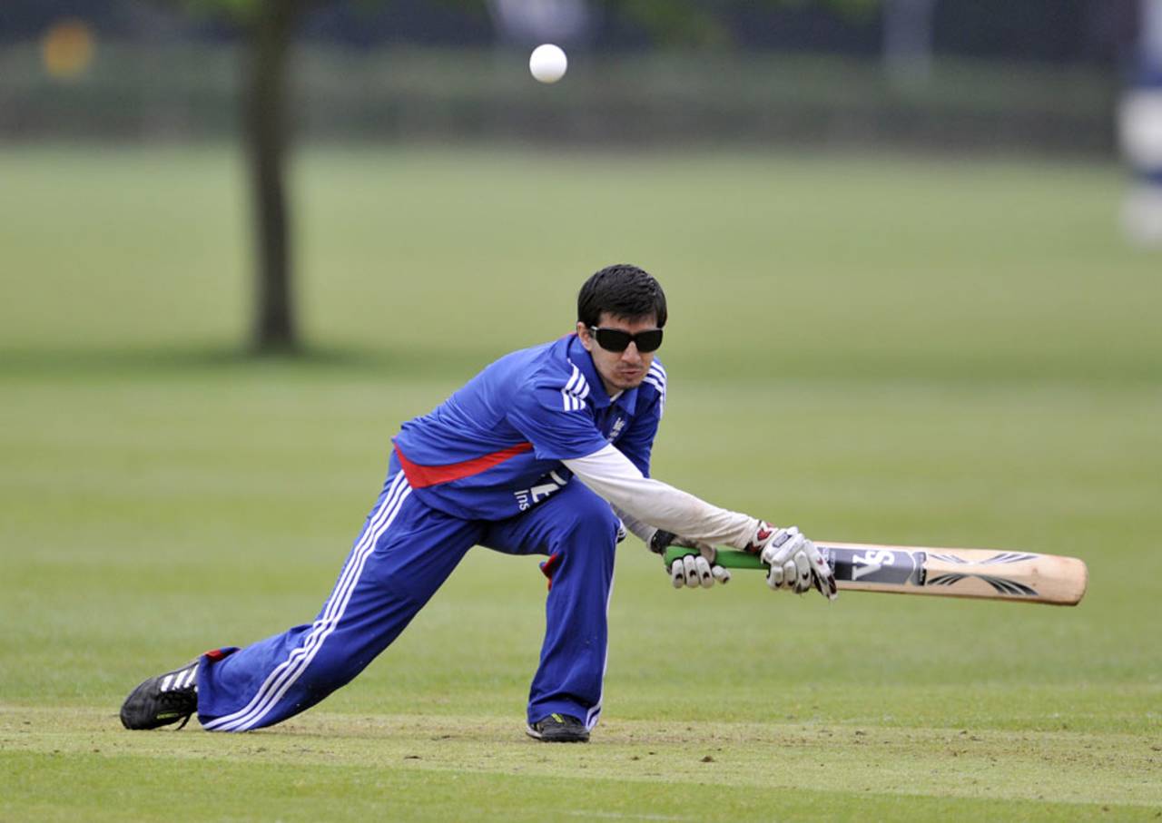 England blind player Mahomed Khatri plays a shot, England v Australia, June 2, 2012, Warwick