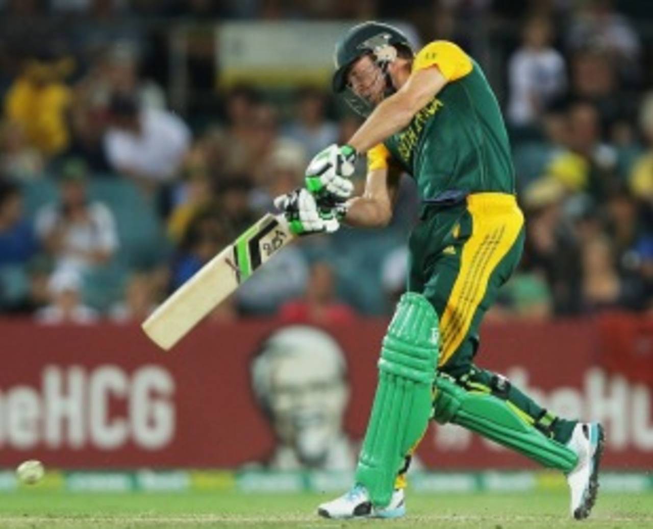 AB de Villiers plays a forceful shot, Australia v South Africa, 3rd ODI, Canberra, November 19, 2014