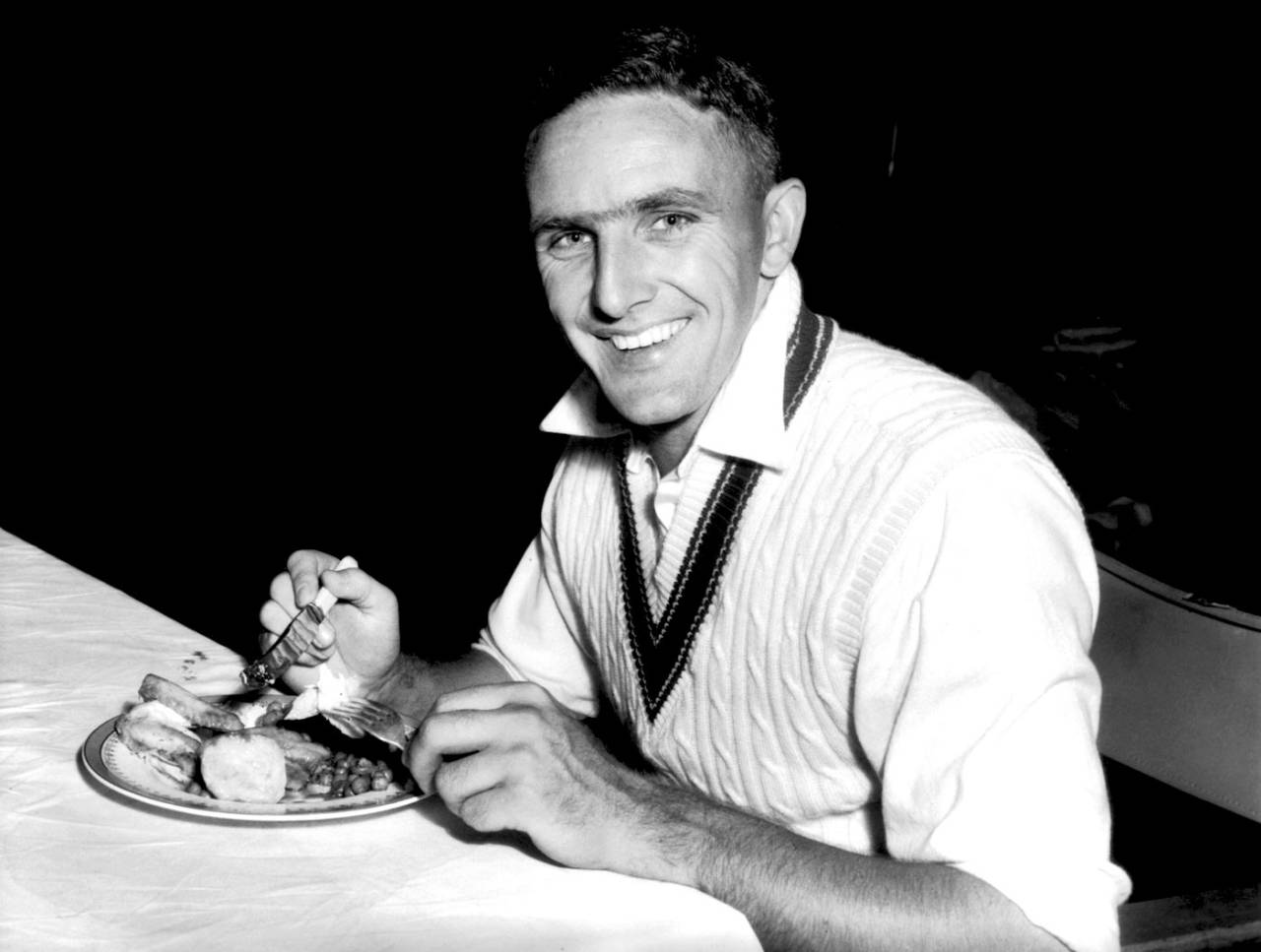 Alan Davidson enjoys his lunch, Australia v West Indies, 2nd Test, Melbourne, 3rd day, January 2, 1961