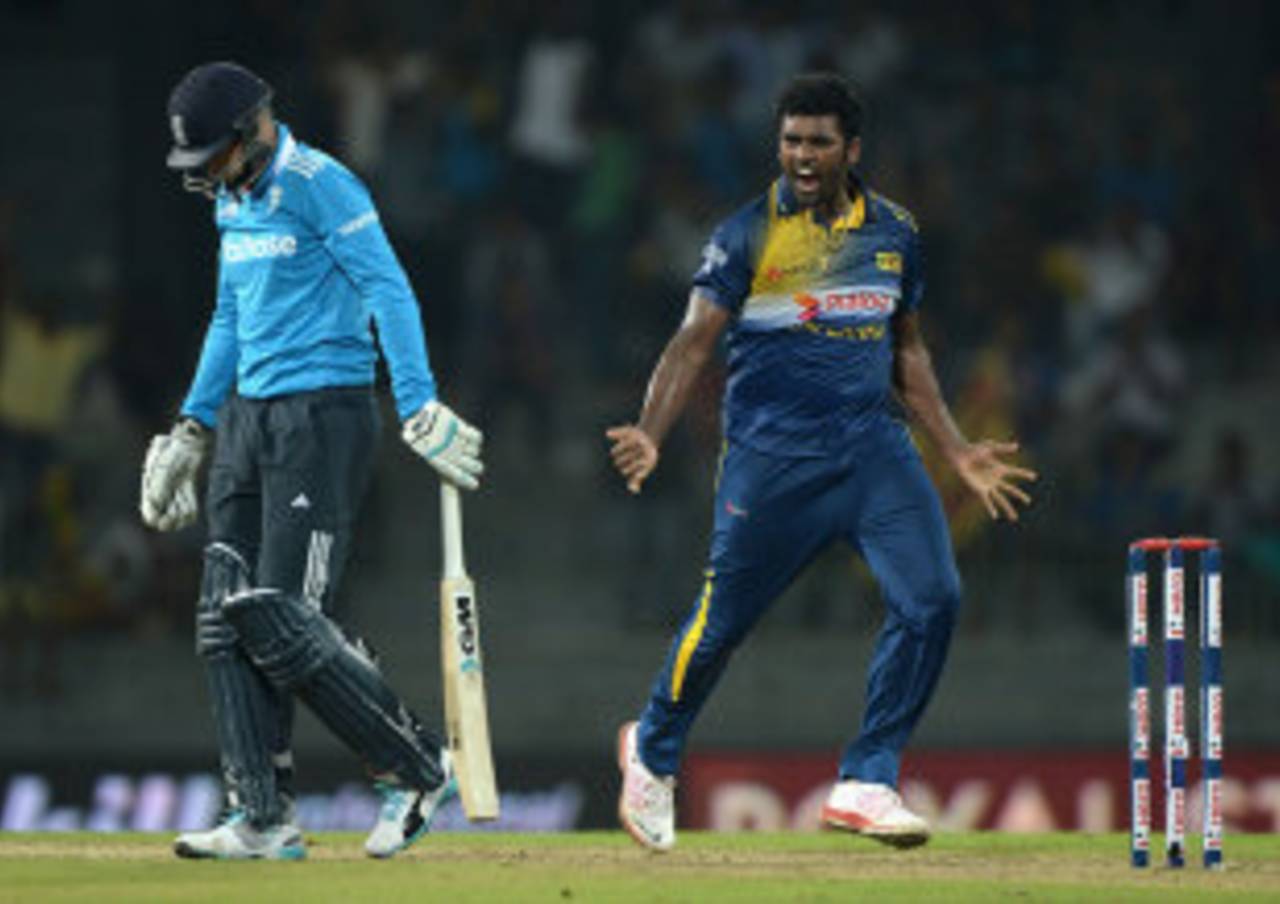 Thisara Perera was pumped after removing Joe Root, Sri Lanka v England, 1st ODI, Colombo, November 26, 2014
