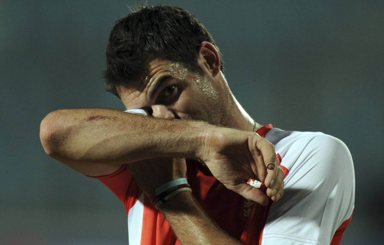 James Anderson wipes his brow during a training session, World Cup, Chittagong, March 9, 2011