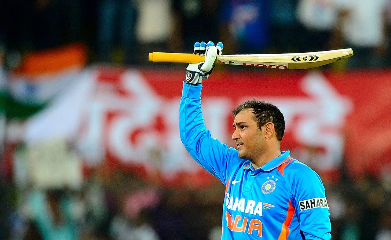 Virender Sehwag celebrates his record-breaking double-hundred, India v West Indies, 4th ODI, Indore, December 8, 2011