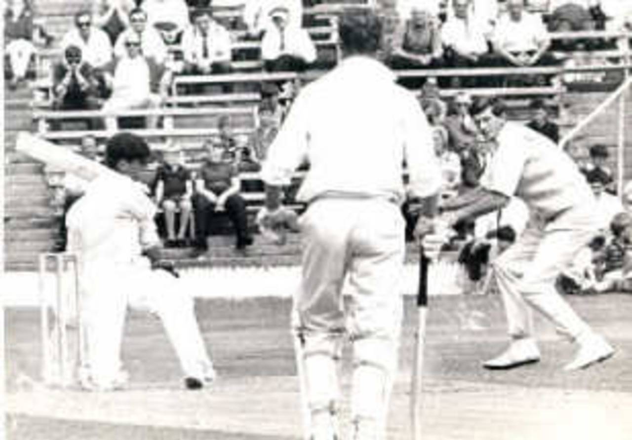 Peter Walker in typical pose, fielding close to the bat against the Australians at Swansea in 1968