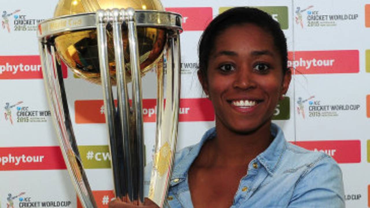 Ebony Rainford-Brent poses with the World Cup, Brimingham, August 23, 2014