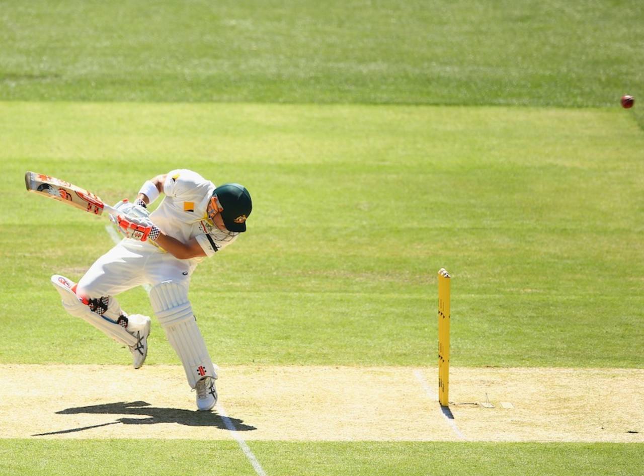 David Warner avoids a bouncer, Australia v India, 1st Test, Adelaide, 1st day, December 9, 2014