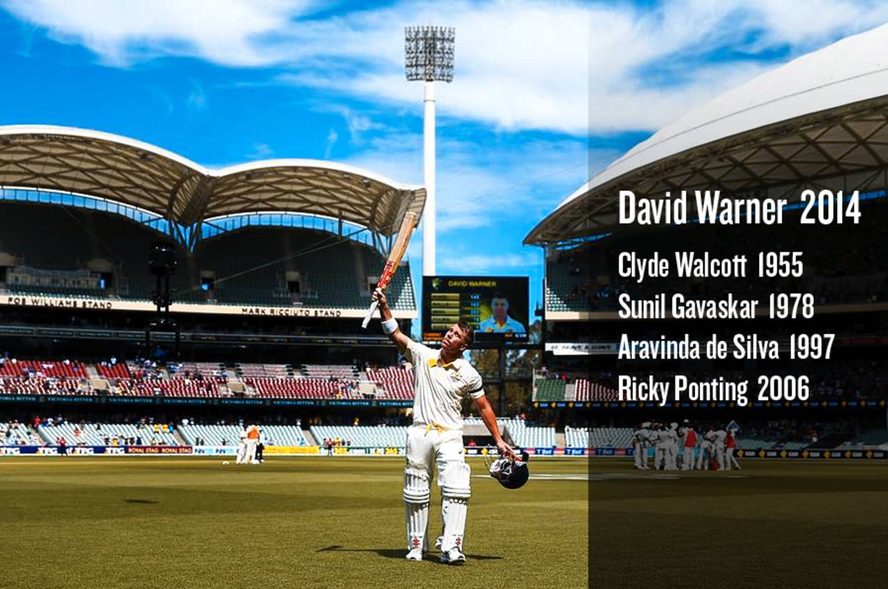 David Warner raises his bat and is applauded as he walks off, Australia v India, 1st Test, Adelaide, 1st day, December 9, 2014