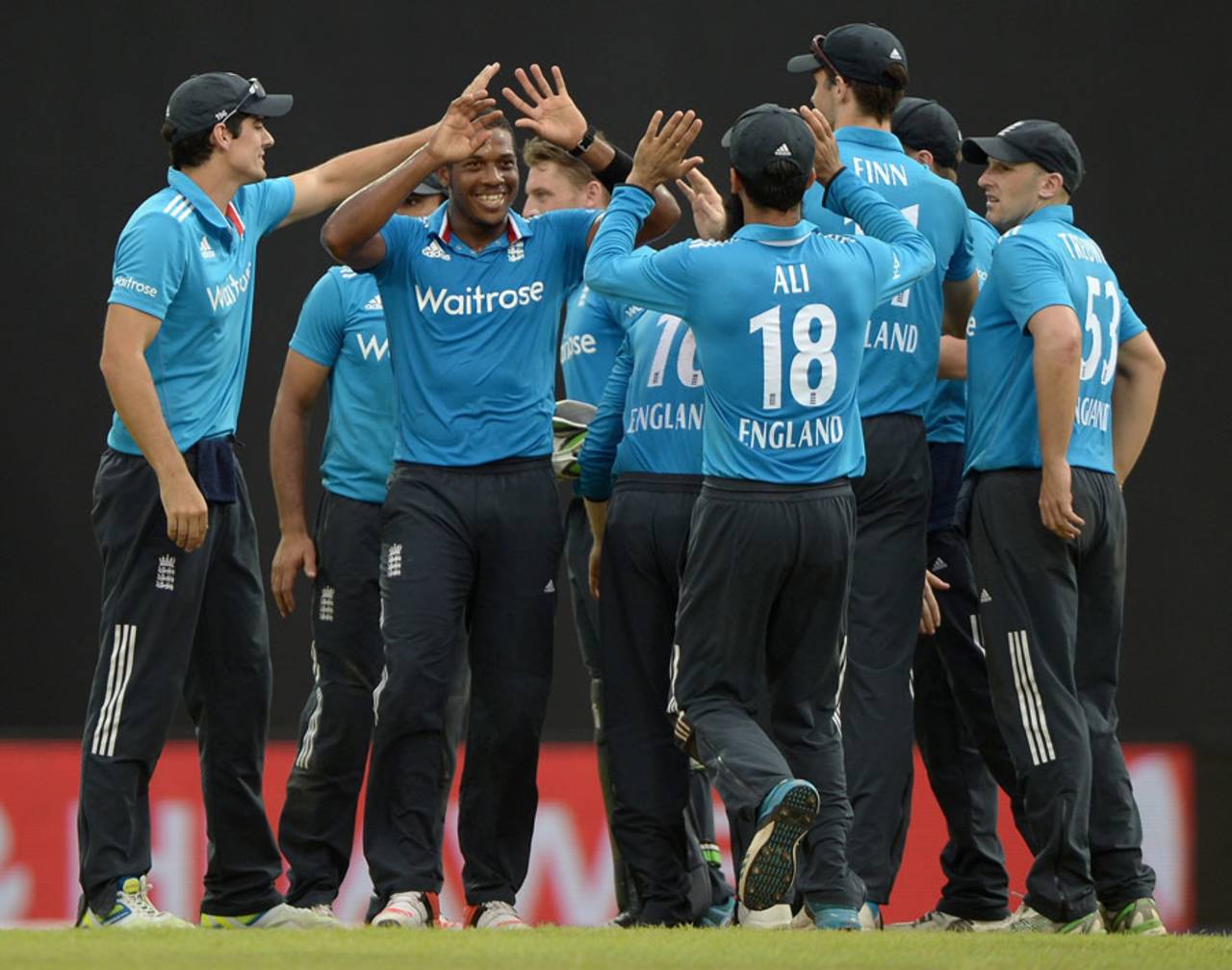Chris Jordan is congratulated after Angelo Mathews' dismissal, Sri Lanka v England, 5th ODI, Pallekele, December 10, 2014