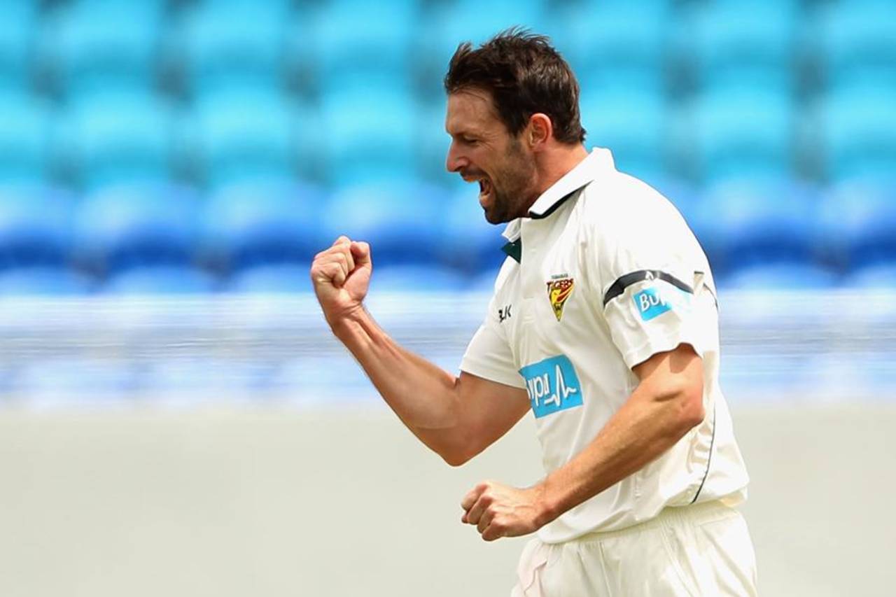 Ben Hilfenhaus celebrates a wicket, Tasmania v South Australia, Sheffield Shield, Hobart, 2nd day, December 10, 2014
