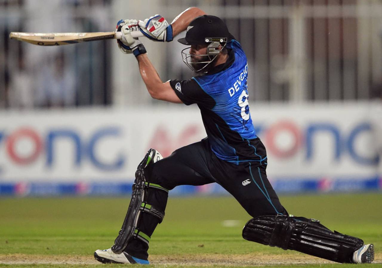 Anton Devcich drives off the front foot, Pakistan v New Zealand, 2nd ODI, Sharjah, December 12, 2014