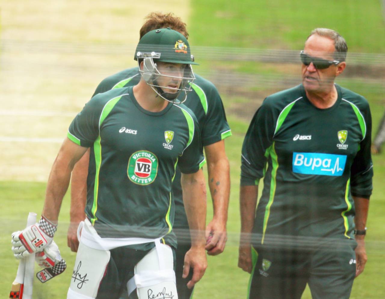 Shaun Marsh was checked by team doctor Peter Brukner after being hit on the left hand during a training session&nbsp;&nbsp;&bull;&nbsp;&nbsp;Getty Images