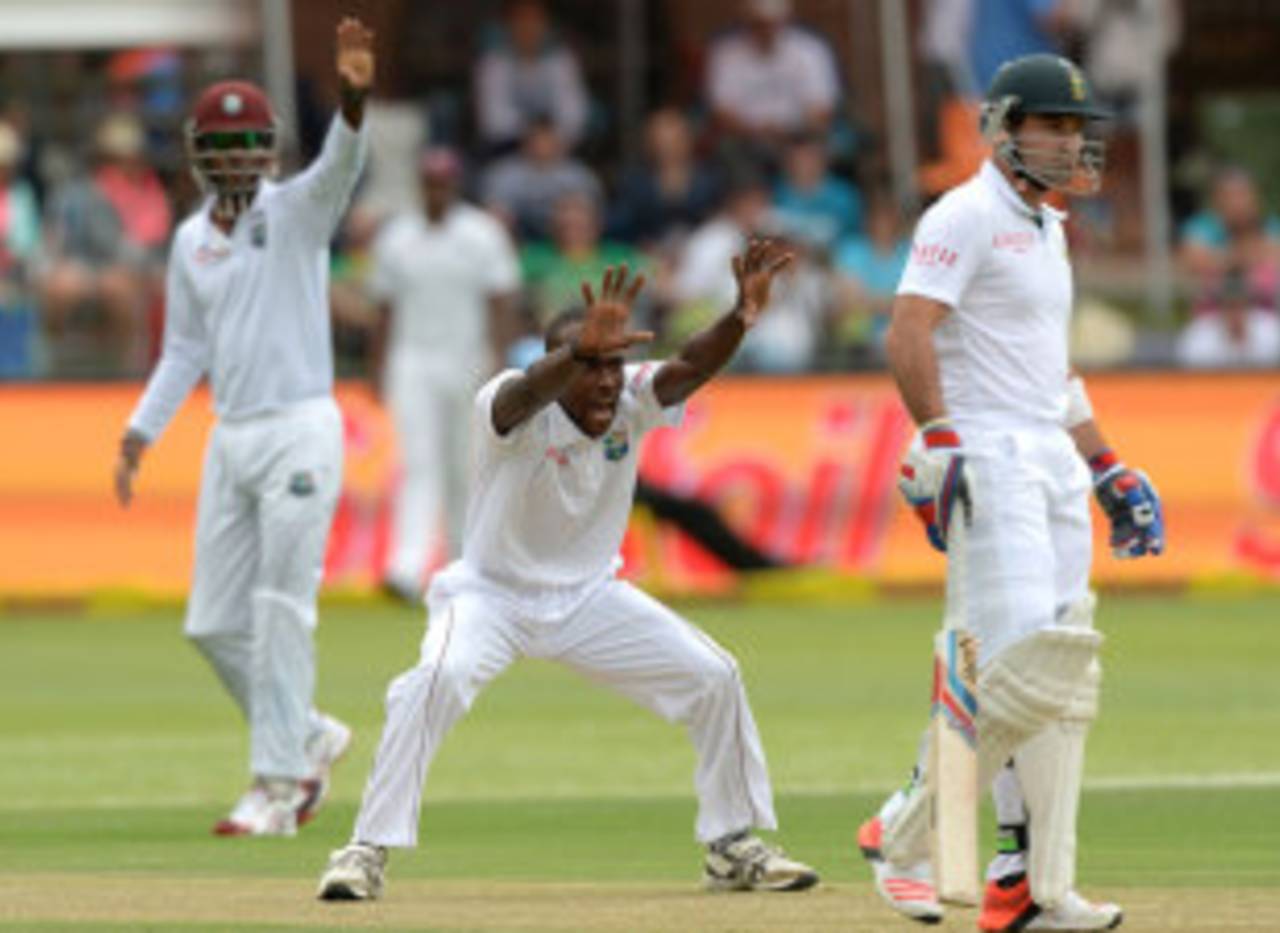 Kenroy Peters appeals for a wicket, South Africa v West Indies, 2nd Test, Port Elizabeth, 1st day, December 26, 2014