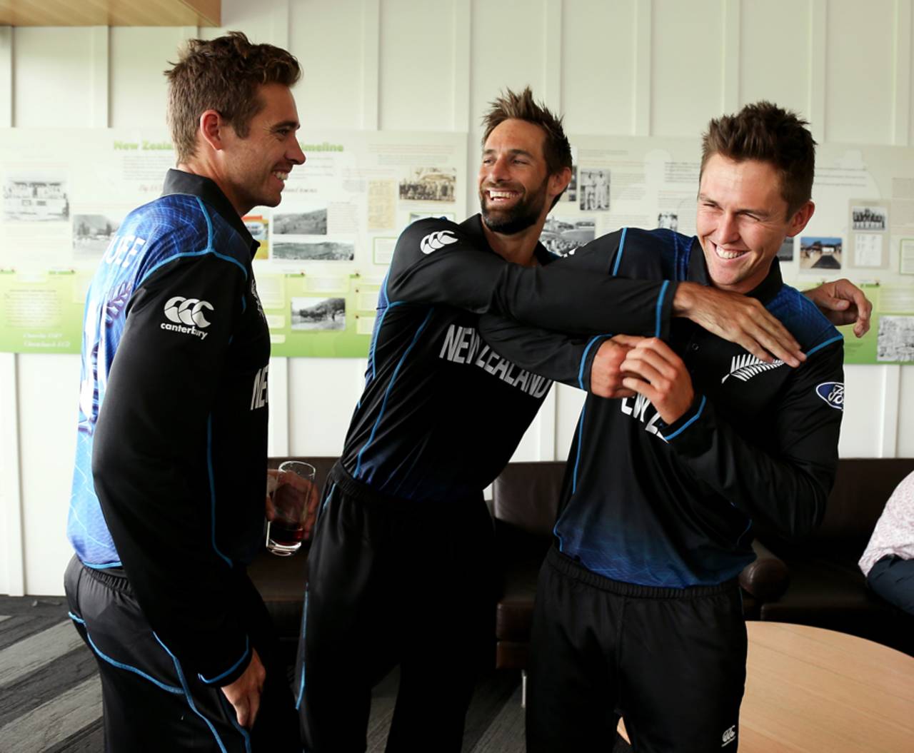 Tim Southee, Grant Elliott and Trent Boult have some fun at the launch of New Zealand's World Cup squad, Christchurch, January 8, 2015