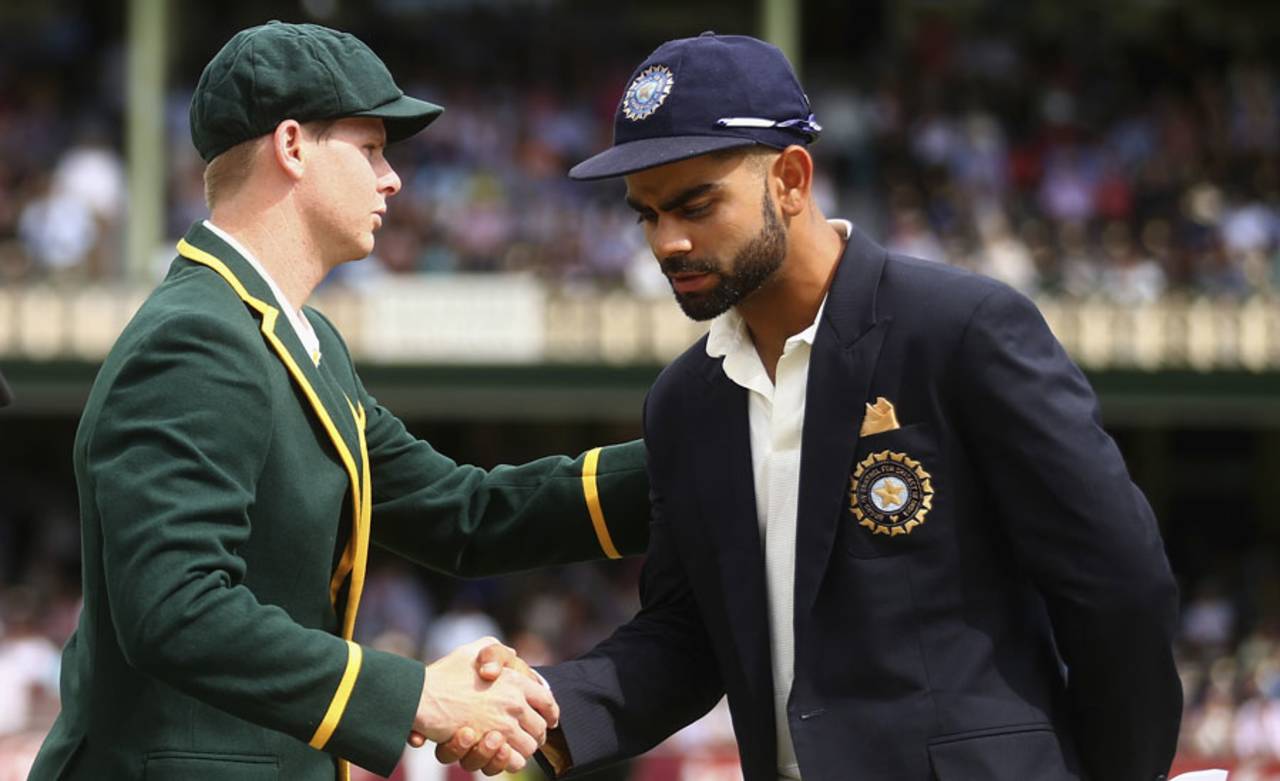 Steven Smith and Virat Kohli at the toss, Australia v India, 4th Test, Sydney, 1st day, January 6, 2015