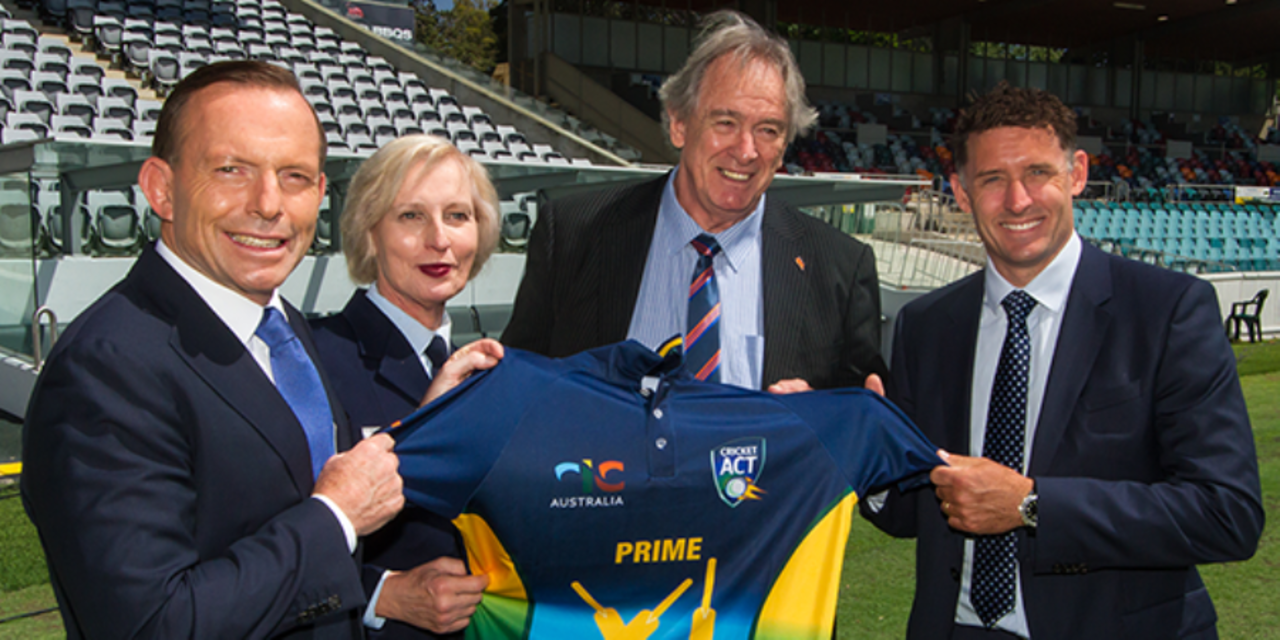 Tony Dell (second from right) at the launch of the Prime Minister's XI match in November with prime minister Tony Abbott, Group Captain Cate McGregor, and Michael Hussey&nbsp;&nbsp;&bull;&nbsp;&nbsp;Cricket ACT