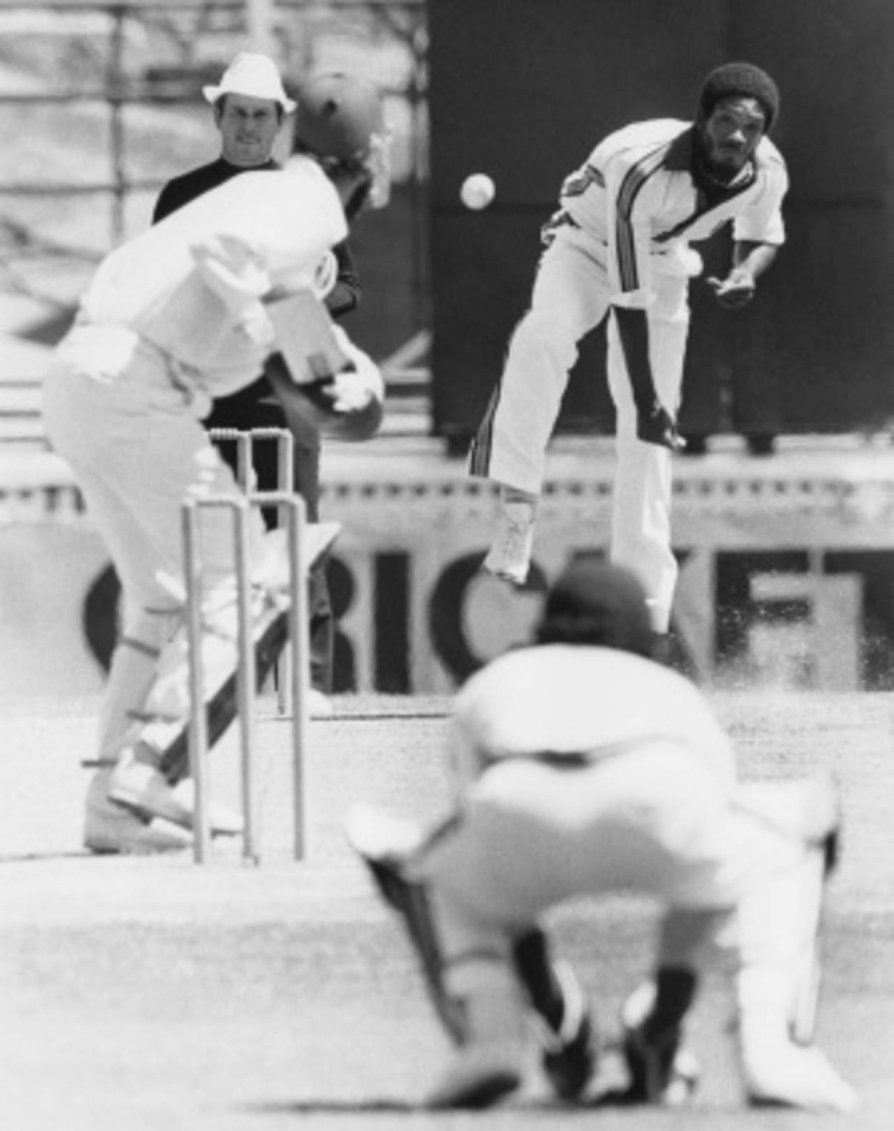 Michael Holding bowls to Mike Brearley, England v West Indies, Sydney, November 28, 1979