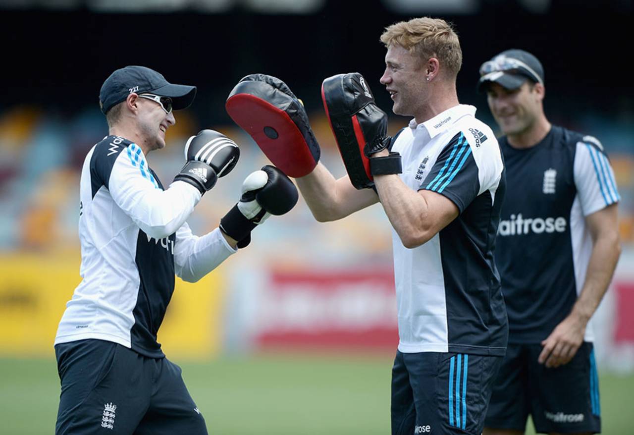 Andrew Flintoff gets involved in a boxing session with Joe Root&nbsp;&nbsp;&bull;&nbsp;&nbsp;Getty Images