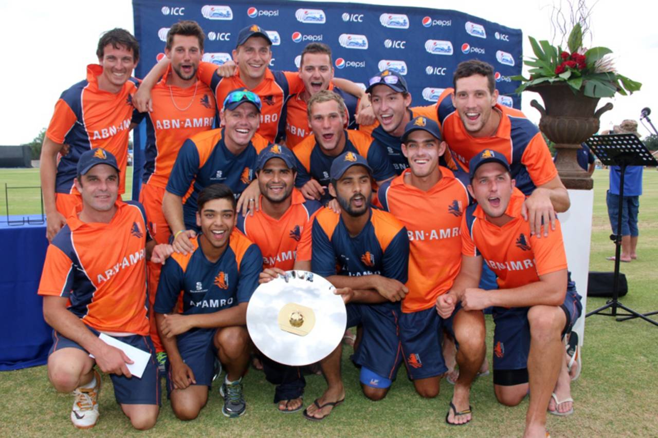 Netherlands are all smiles after claiming the WCL Division Two title, Namibia v Netherlands, ICC World Cricket League Division Two, Windhoek, January 24, 2015