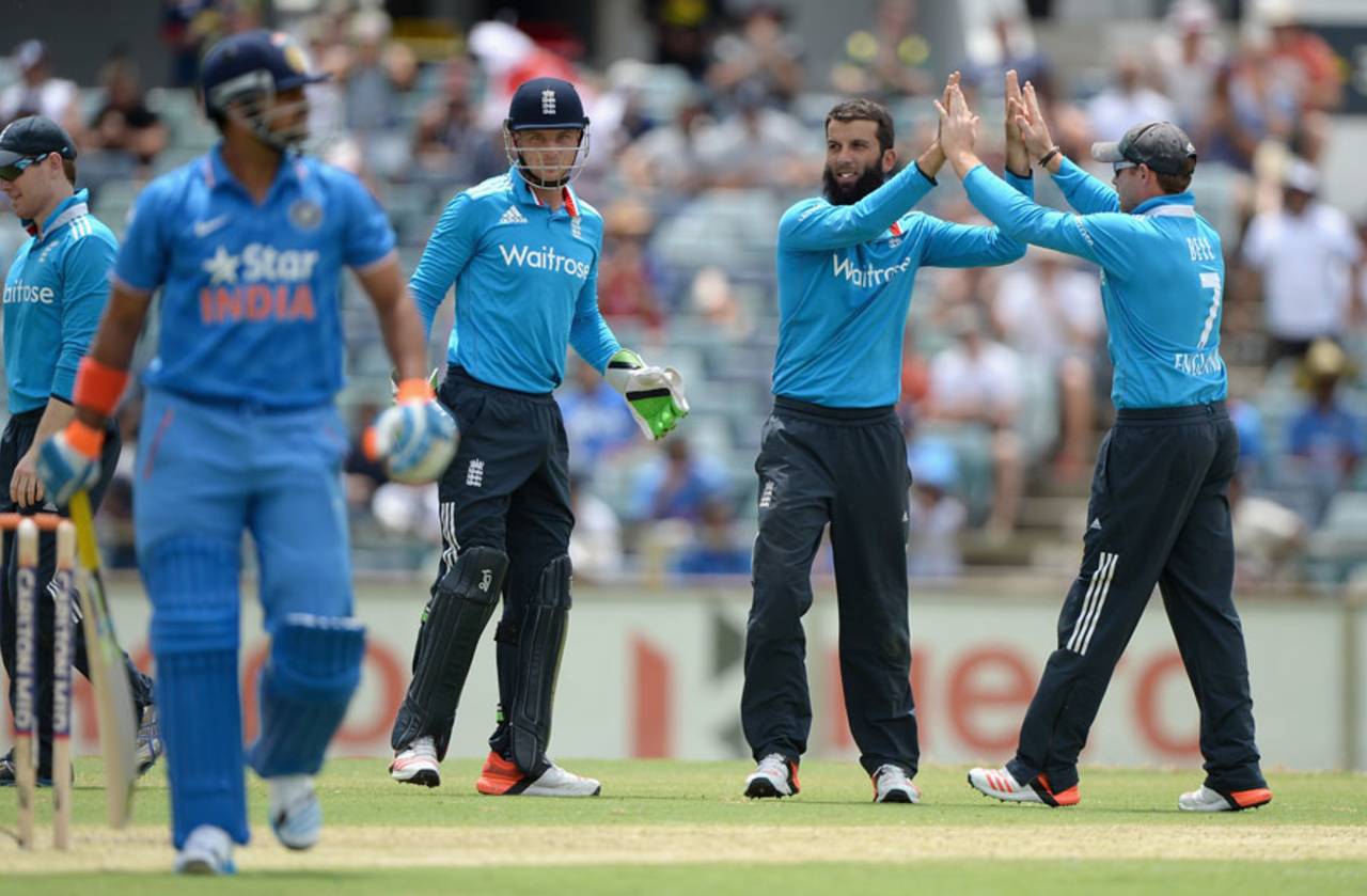 Moeen Ali struck twice in quick succession, England v India, Carlton Mid Tri-series, Perth, January 30, 2015