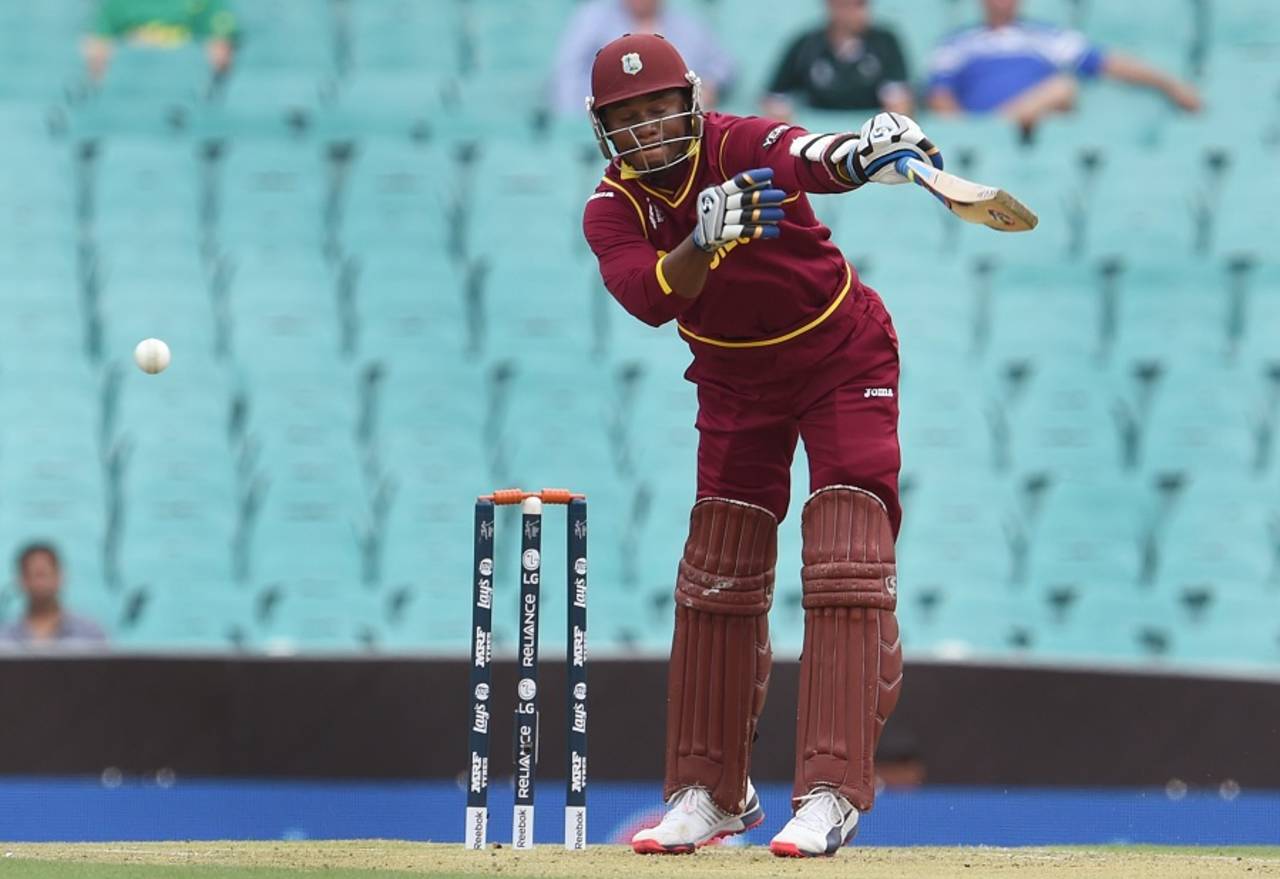 Marlon Samuels struggled in seamer-friendly conditions before being bowled by Steven Finn for 10, England v West Indies, World Cup warm-up match, Sydney, February 9, 2015