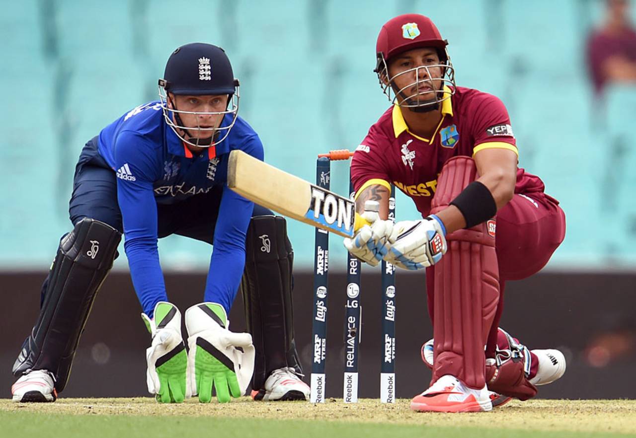 Jos Buttler watches Lendl Simmons sweep, England v West Indies, World Cup warm-up match, Sydney, February 9, 2015