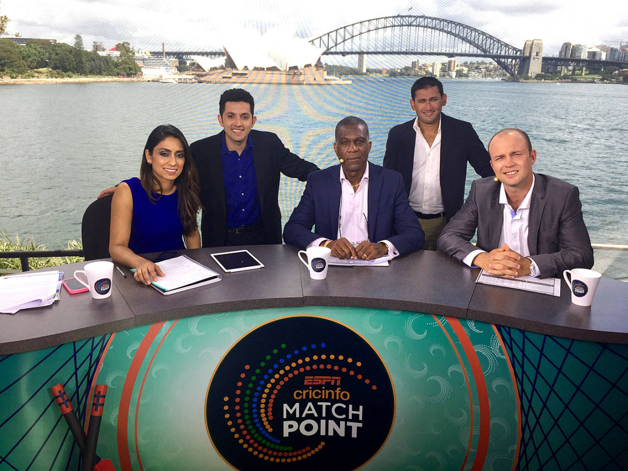 Isa Guha, Michael Holding, Ajit Agarkar, Jonathan Trott and host Raunak Kapoor at the Match Point studio in Sydney&nbsp;&nbsp;&bull;&nbsp;&nbsp;Phil Carrick