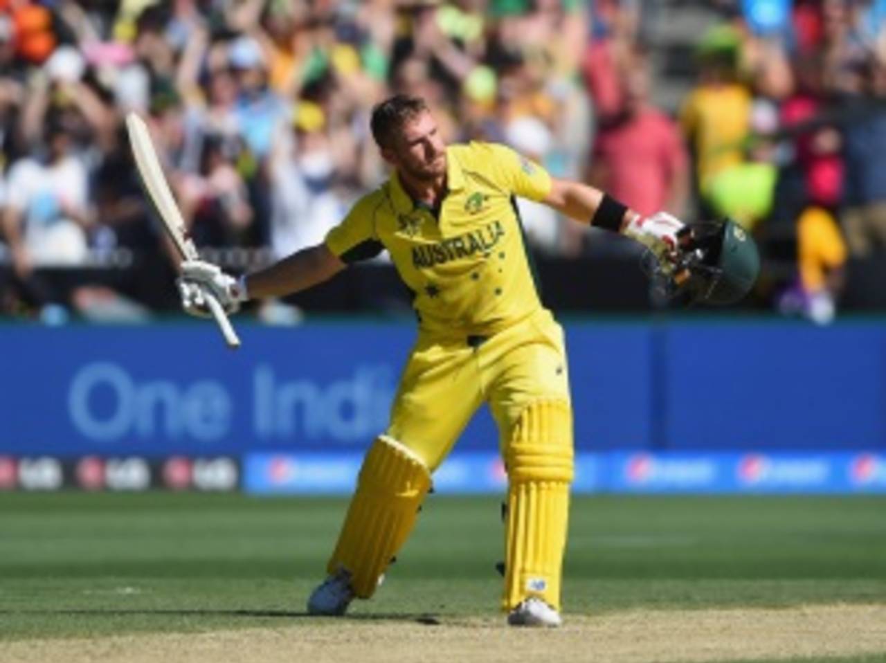 Aaron Finch celebrates after becoming the first centurion of World Cup 2015, Australia v England, Group A, World Cup 2015, Melbourne, February 14, 2015