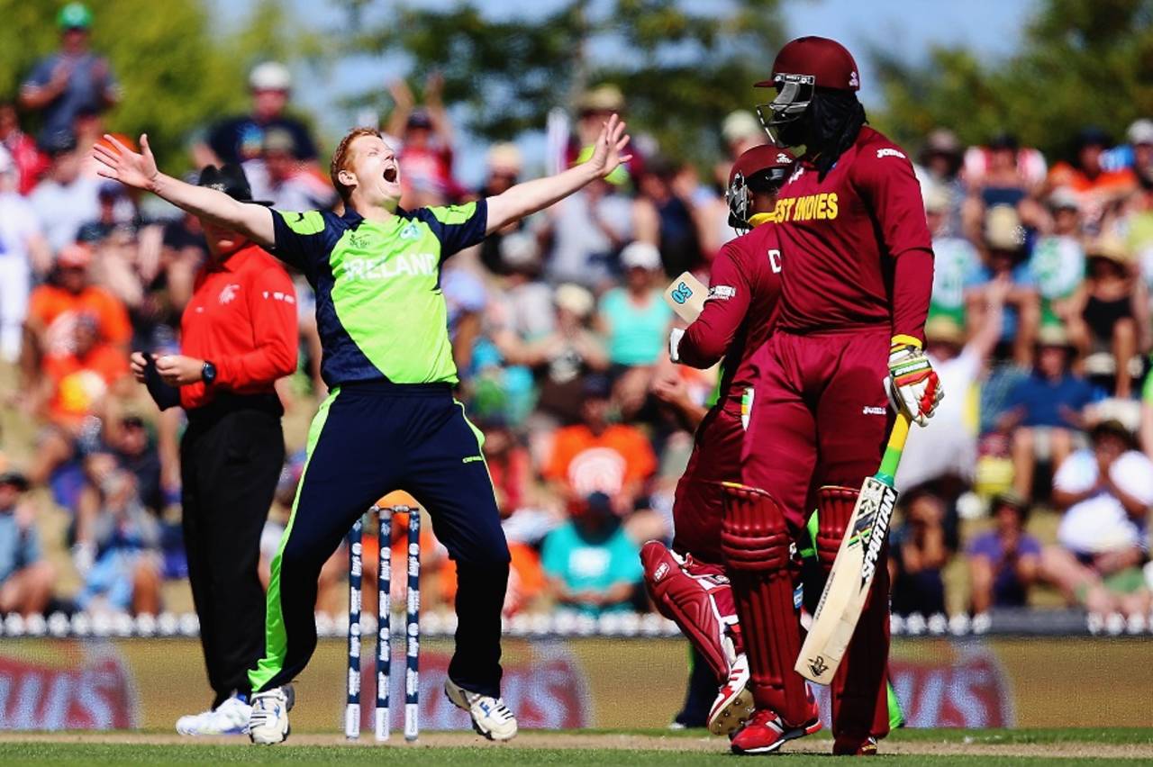 Kevin O' Brien can't contain himself after dismissing Dwayne Smith, Ireland v West Indies, World Cup 2015, Group B, Nelson, February 16, 2015