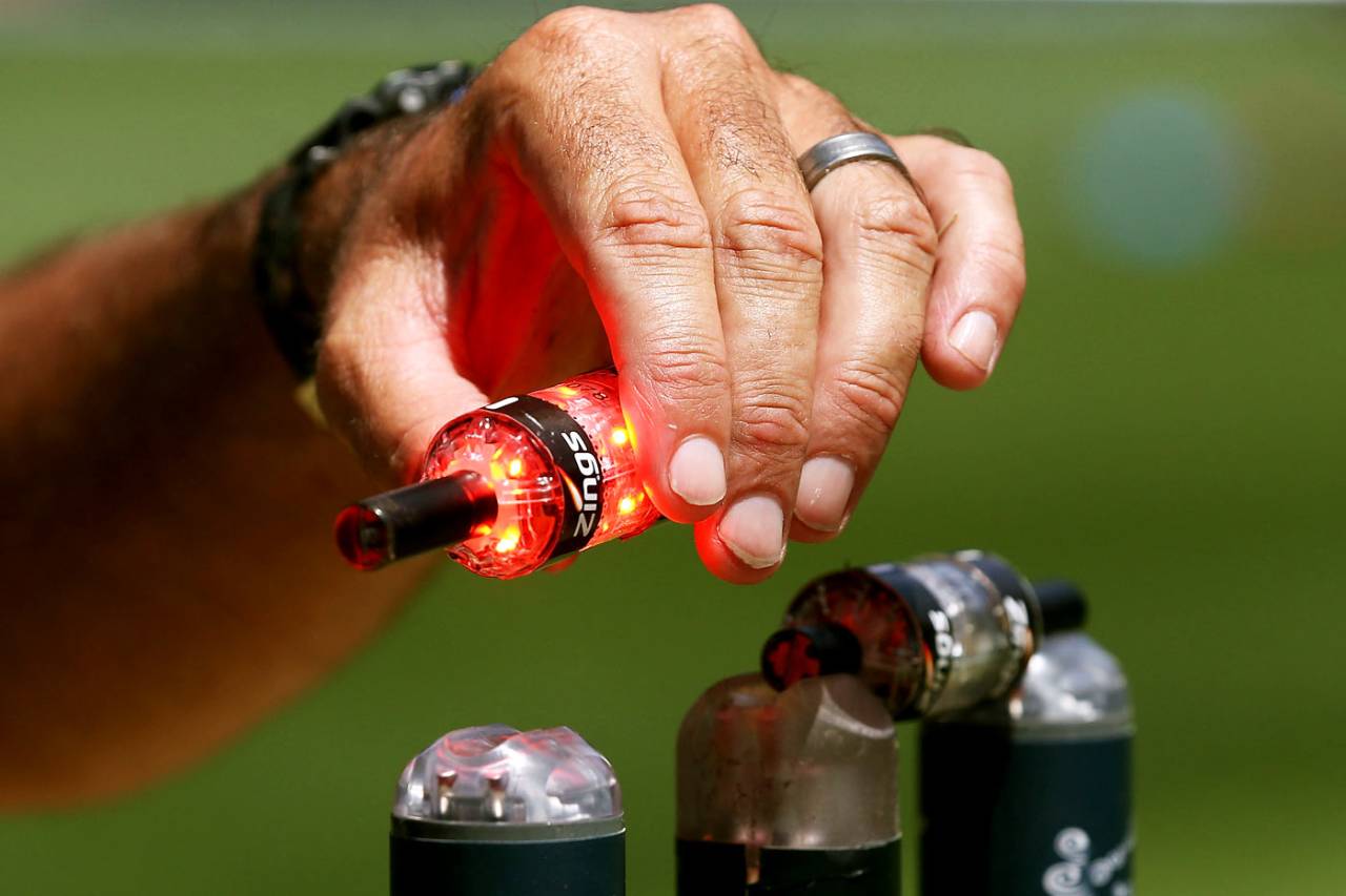 The Zings bails are tested during the India-Pakistan match, India v Pakistan, World Cup 2015, Group B, Adelaide, February 15, 2015