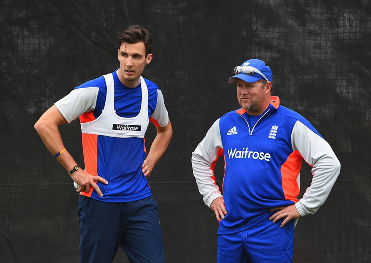 Steven Finn plots a better bowling performance with David Saker, Christchurch, February 22, 2015