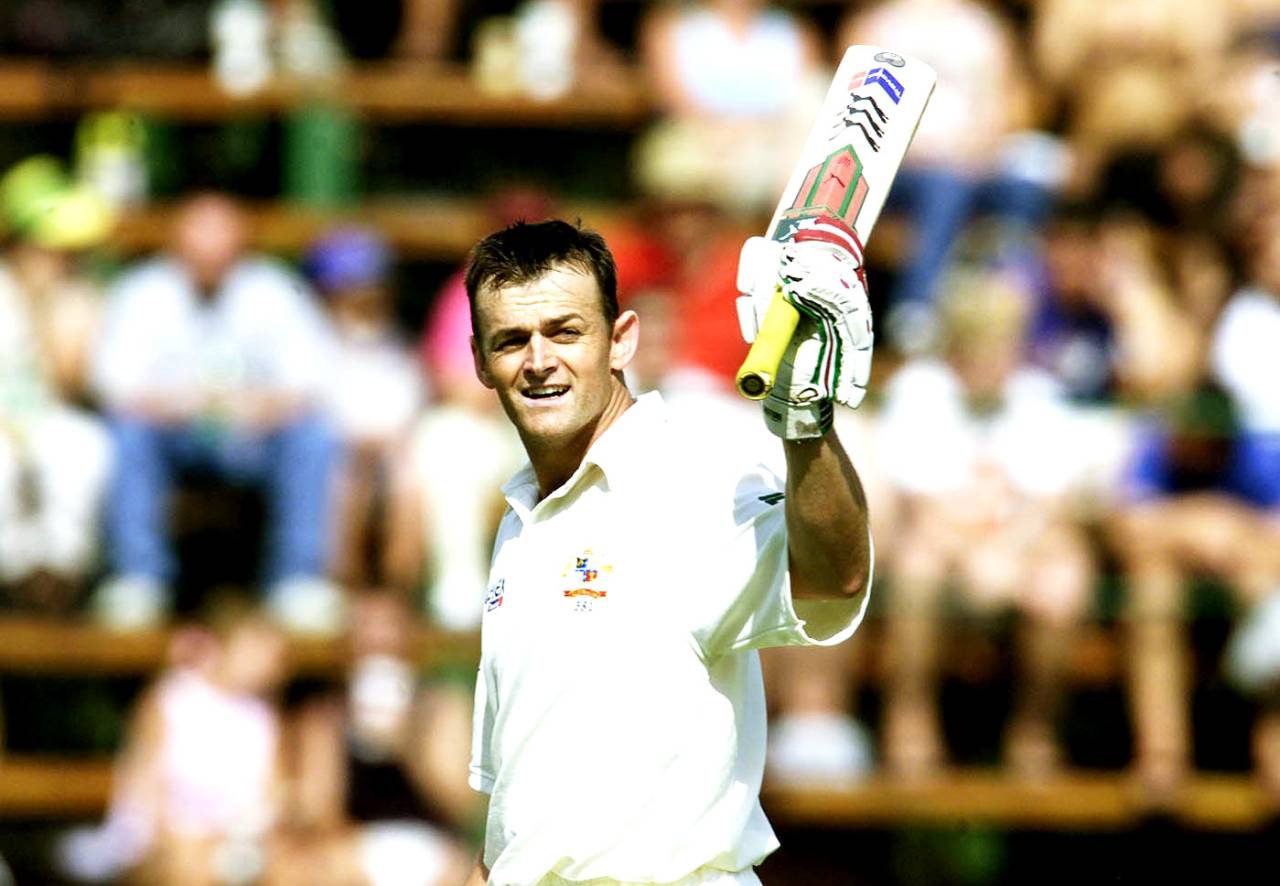 Adam Gilchrist celebrates his century during the second day of the first Test against South Africa at The Wanderers, Johannesburg