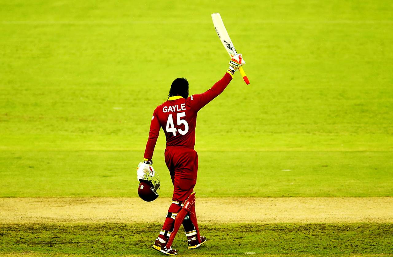 Chris Gayle celebrates his double-century, West Indies v Zimbabwe, World Cup 2015, Group B, Canberra, February 24, 2015