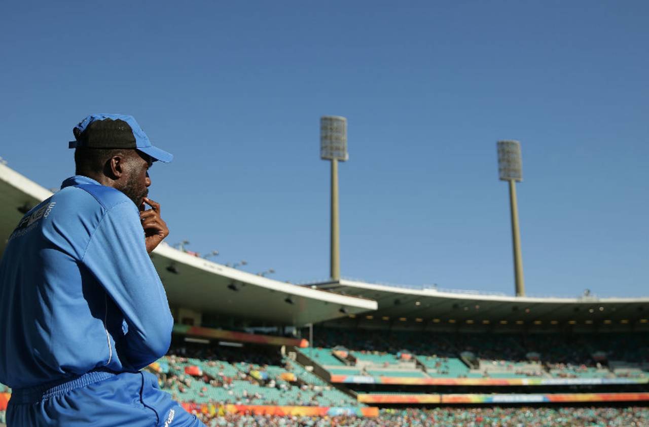 West Indies' bowling consultant Curtly Ambrose watches from the sidelines, South Africa v West Indies, World Cup 2015, Group B, Sydney, February 27, 2015