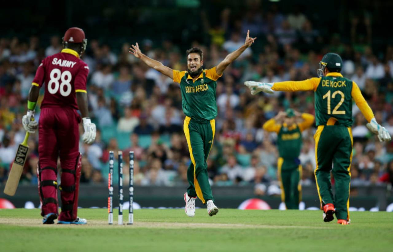 Imran Tahir had Darren Sammy stumped for 5, South Africa v West Indies, World Cup 2015, Group B, Sydney, February 27, 2015