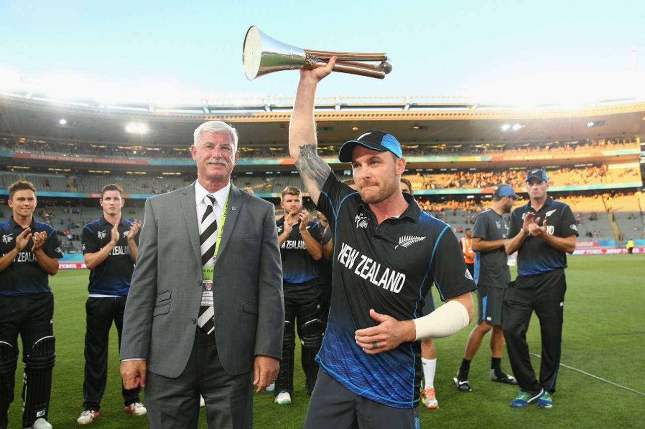 Brendon McCullum with the Chappell-Hadlee trophy during a World Cup league game earlier this year&nbsp;&nbsp;&bull;&nbsp;&nbsp;ICC
