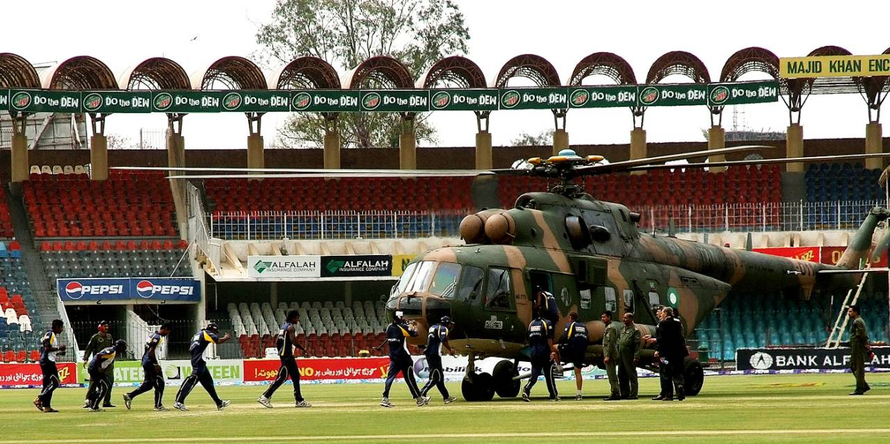 Sri Lankan players prepare to board a Pakistani military helicopter at the National Stadium in Lahore following the terrorist attack, Lahore, March 3, 2009