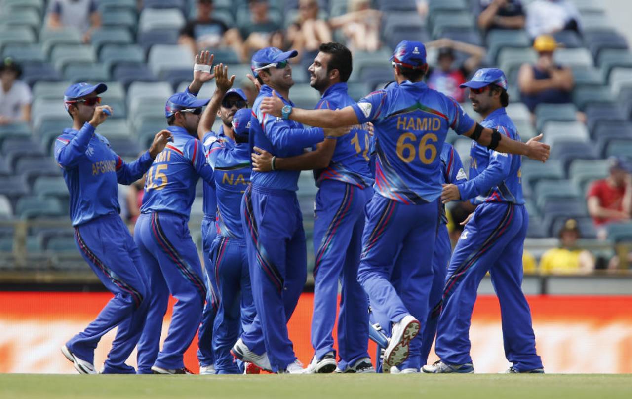 Afghanistan celebrate the wicket of Aaron Finch, Australia v Afghanistan, World Cup 2015, Group A, Perth, March 4, 2015