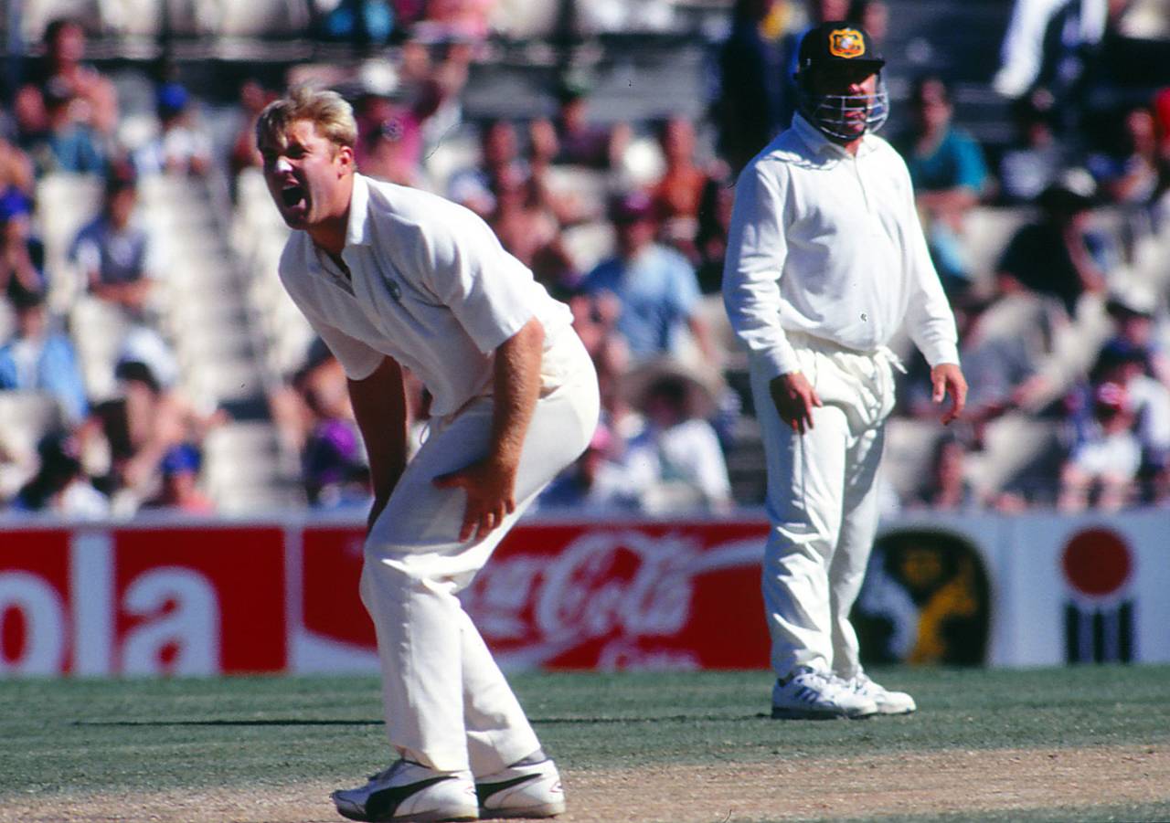 Shane Warne let loose after bowling Andrew Hudson&nbsp;&nbsp;&bull;&nbsp;&nbsp;Getty Images