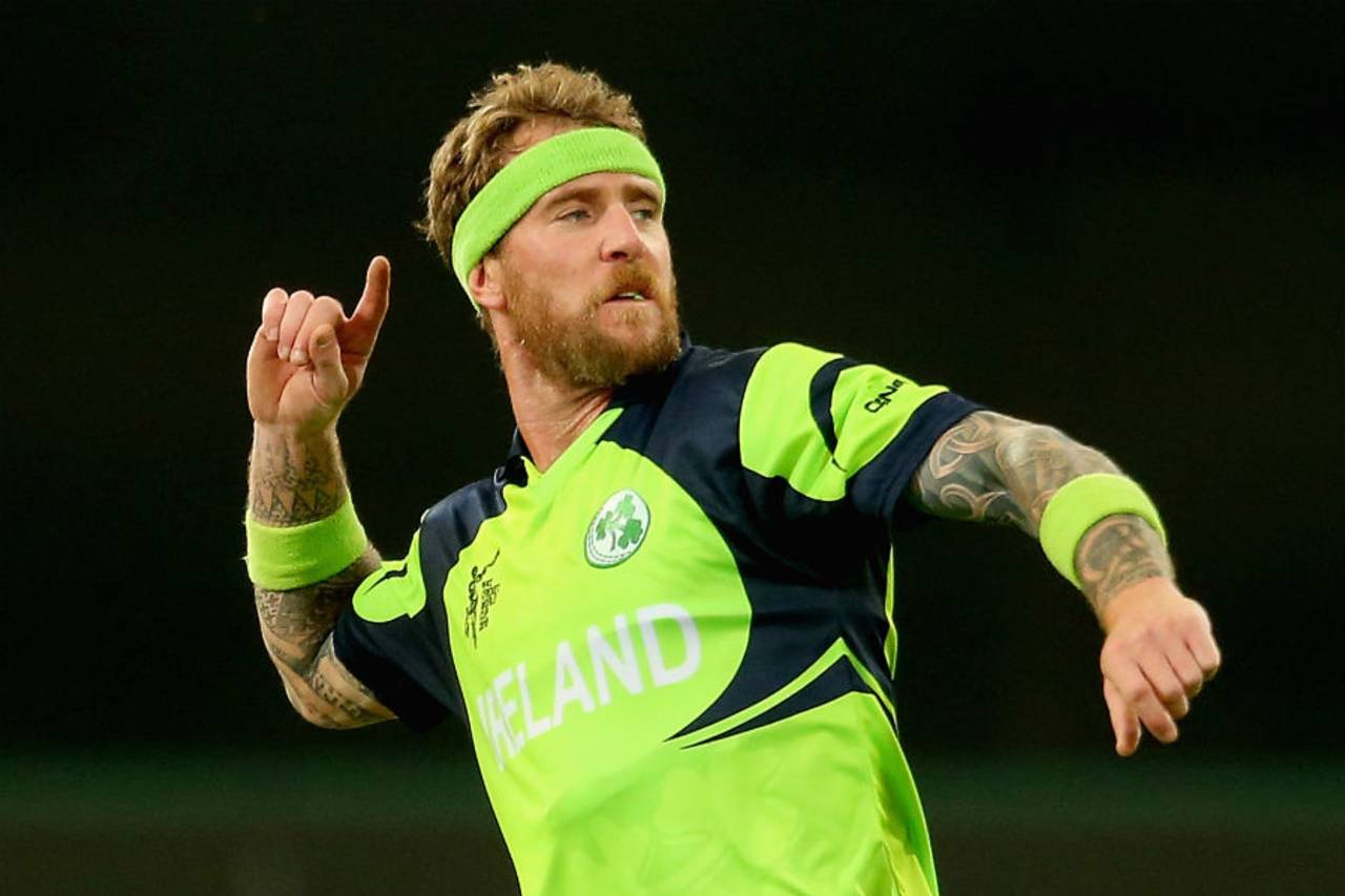 John Mooney reacts after taking the wicket of Sikandar Raza, Ireland v Zimbabwe, World Cup 2015, Group B, Hobart, March 7, 2015
