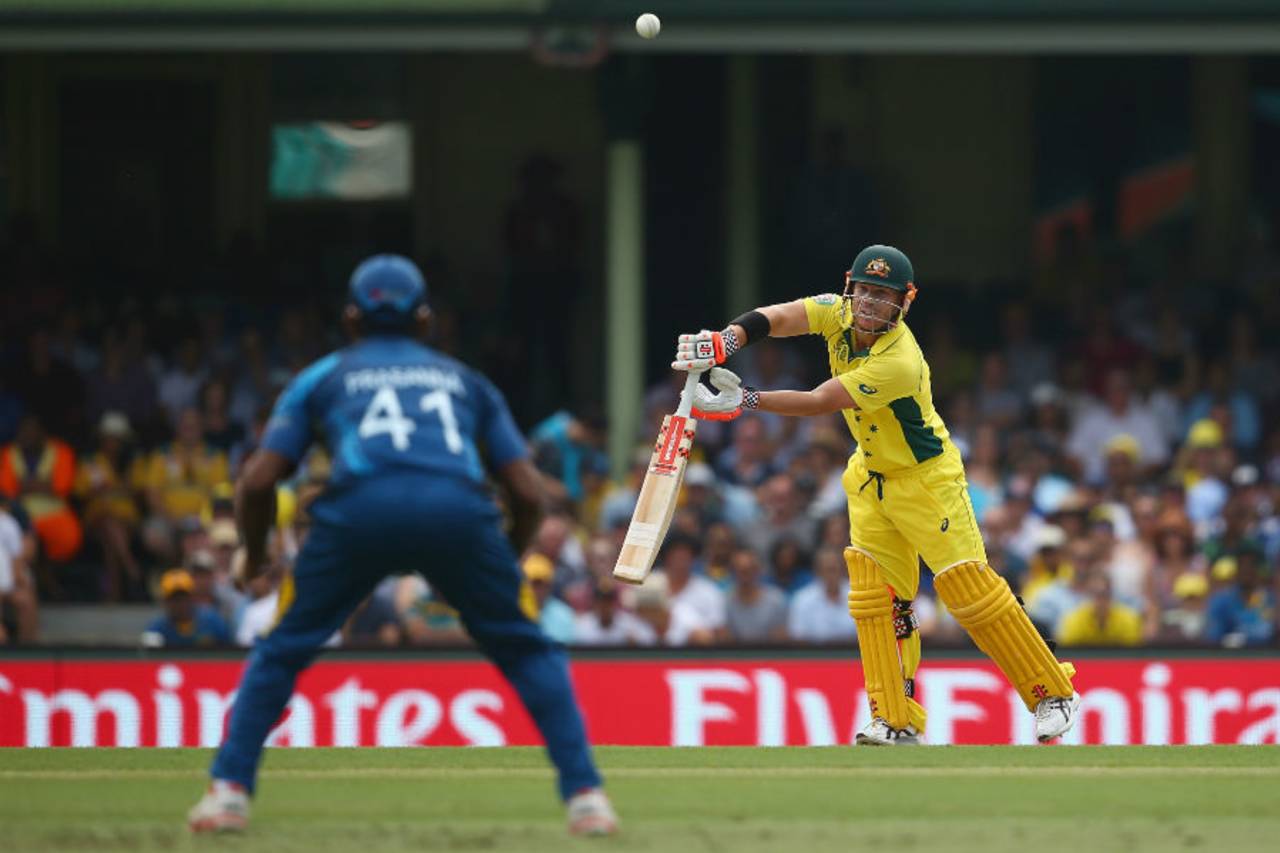 David Warner spoons the ball to Seekkuge Prasanna, Australia v Sri Lanka, World Cup 2015, Group A, Sydney, March 8, 2015