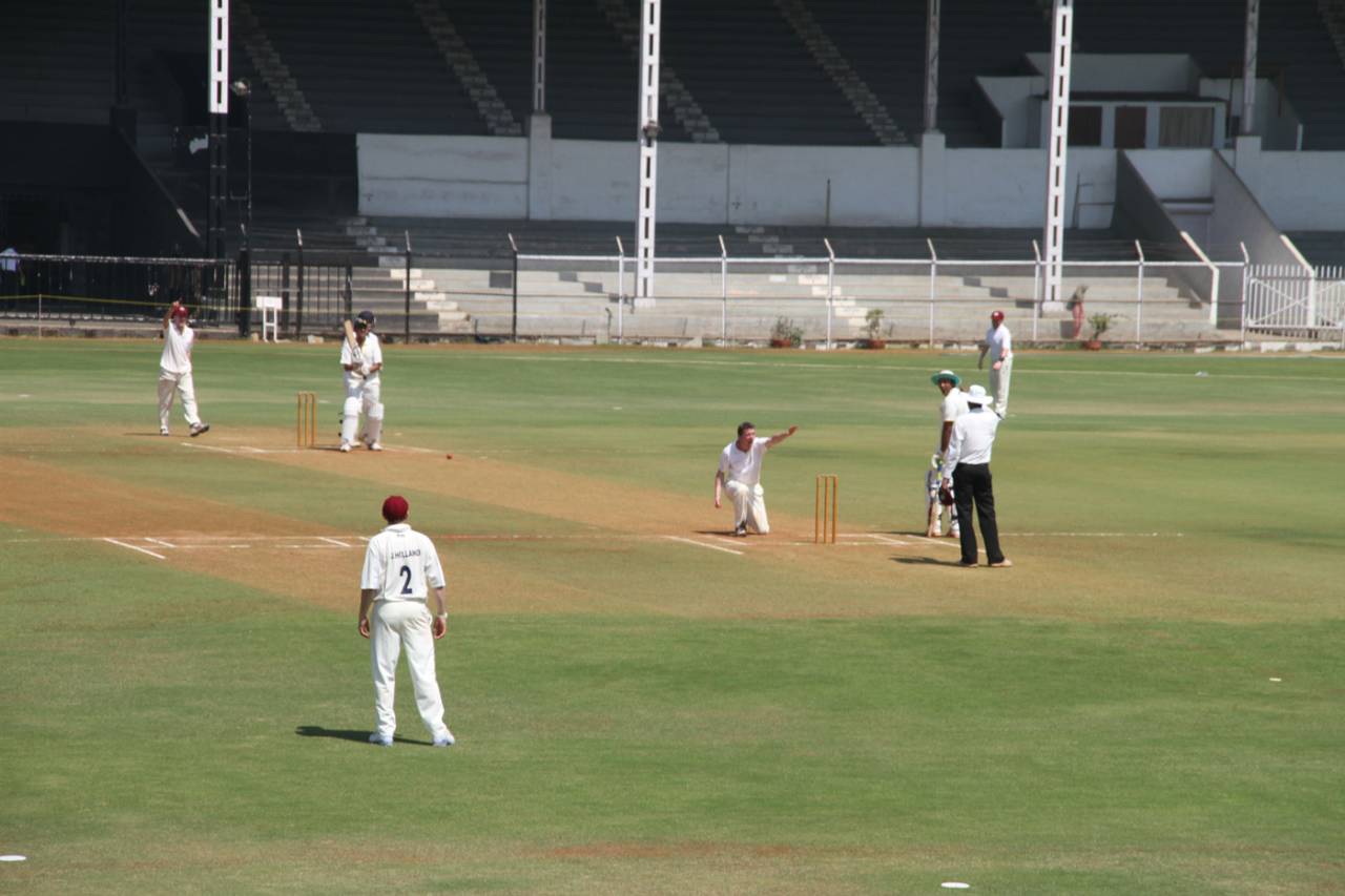 Jonathan Wilson appeals for a wicket, Cricket Club of India v Authors XI, February 2015