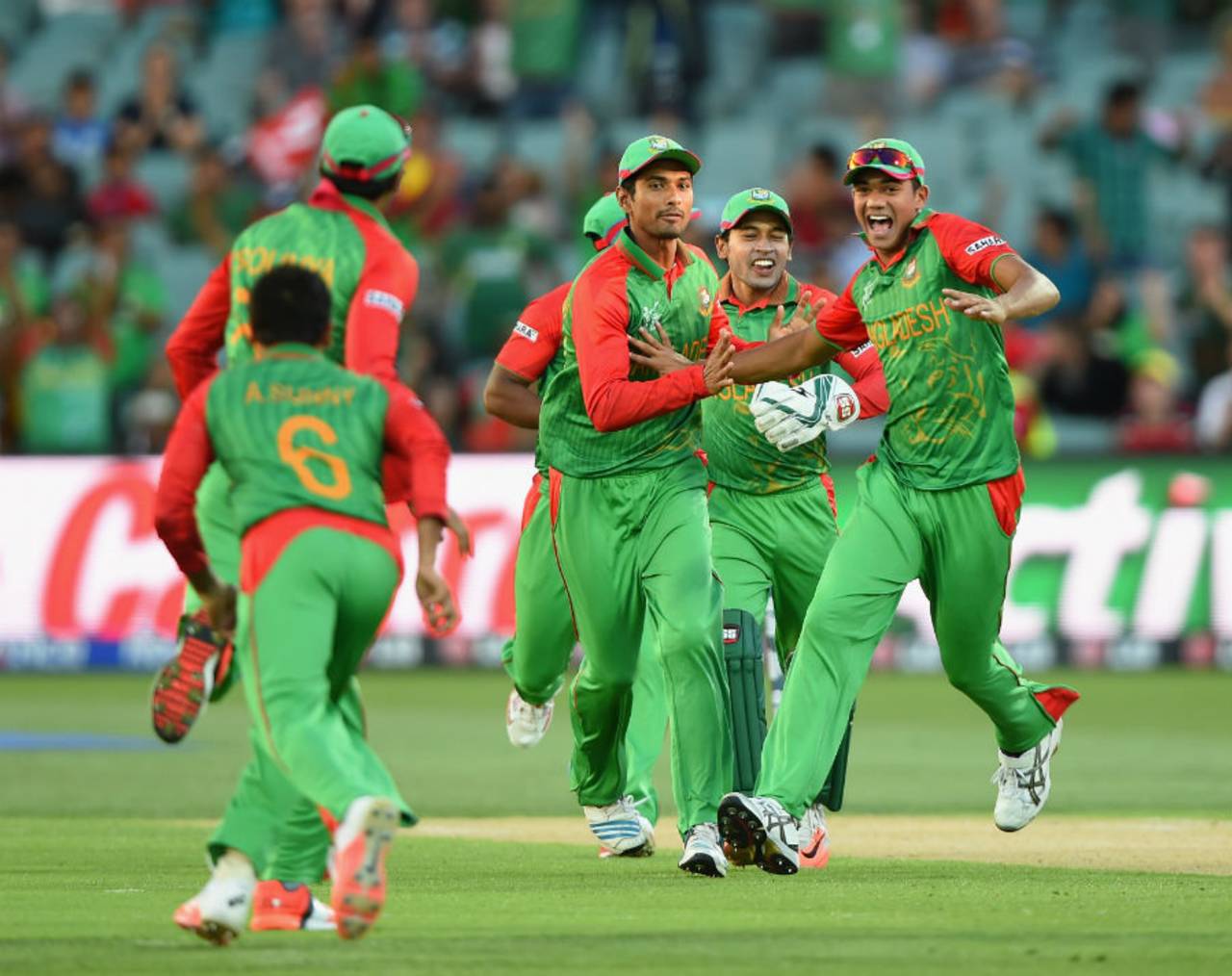 Bangladesh players celebrate after the run out of Moeen Ali, England v Bangladesh, World Cup 2015, Group A, Adelaide, March 9, 2015