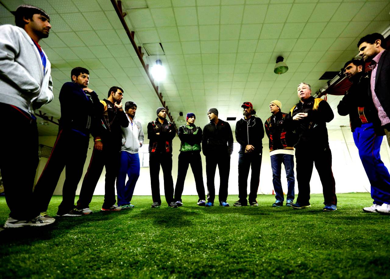 Coach Andy Moles talks to Afghanistan's players, Kabul, January 27, 2015