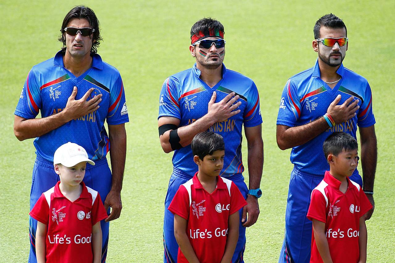 Afghanistan players line up for the national anthem, Australia v Afghanistan, World Cup 2015, Group A, Perth, March 4, 2015