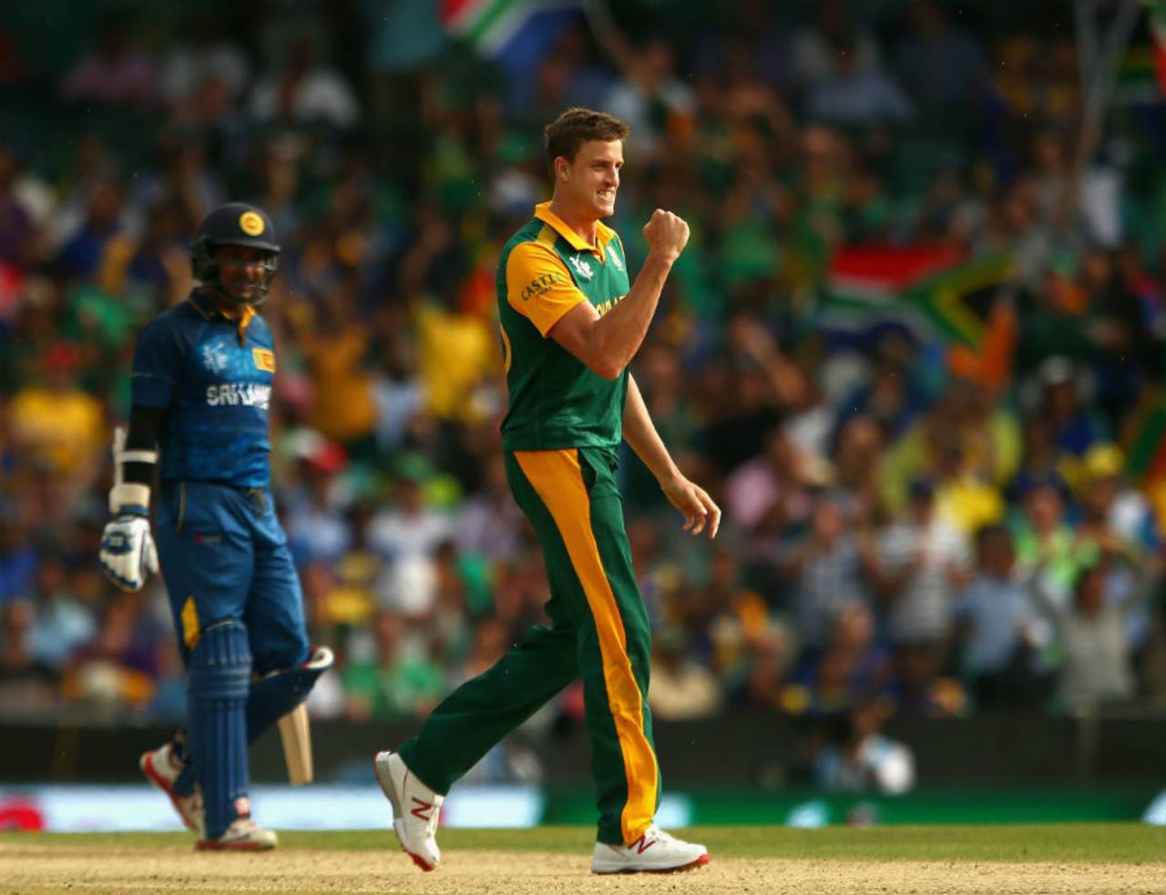 Morne Morkel pumps his fist after dismissing Kumar Sangakkara, South Africa v Sri Lanka, World Cup 2015, 1st quarter-final, Sydney, March 18, 2015
