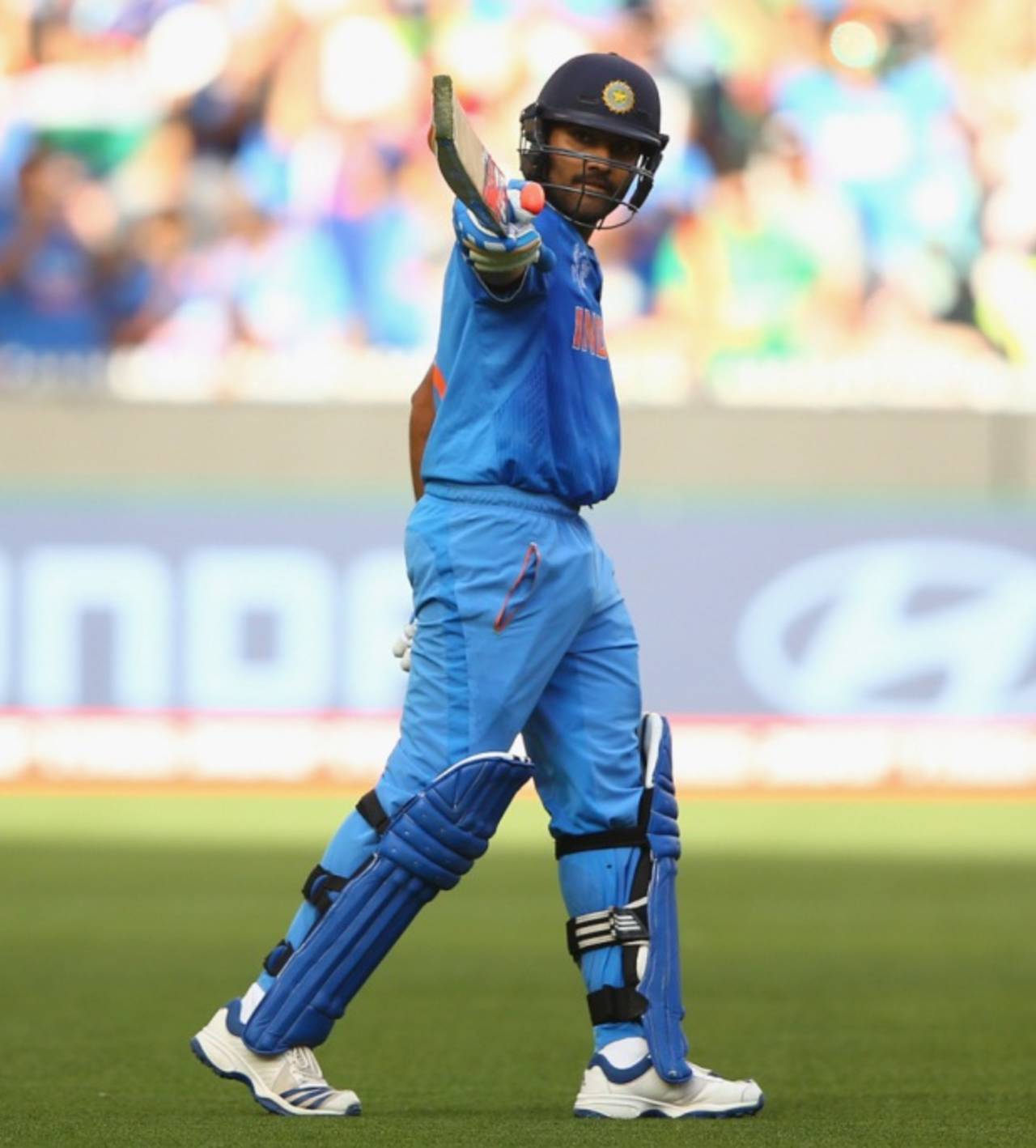 Rohit Sharma celebrates after completing his hundred, Bangladesh v India, World Cup 2015, 2nd quarter-final, Melbourne, March 19, 2015