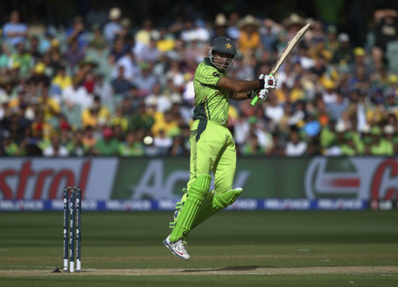 Sohaib Maqsood is airborne to cut the ball, Australia v Pakistan, World Cup 2015, 3rd quarter-final, Adelaide, March 20, 2015