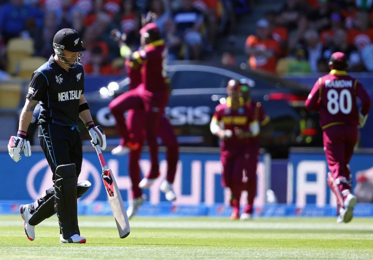 Brendon McCullum walks off after being dismissed for 12, New Zealand v West Indies, World Cup 2015, 4th quarter-final, Wellington, March 21, 2015 