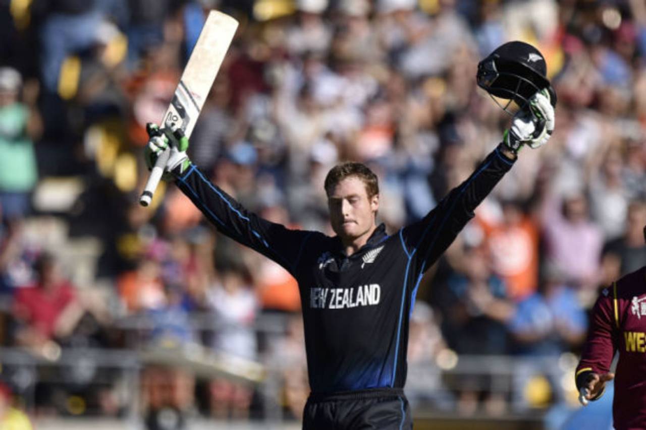 Martin Guptill celebrates his second World Cup ton, New Zealand v West Indies, World Cup 2015, 4th quarter-final, Wellington, March 21, 2015 